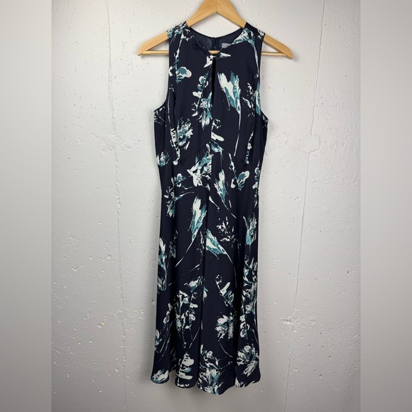 Classiques Entier Womens Navy Floral Sleeveless keyhole Silk A-line Midi dress 6 - Picture 3 of 16
